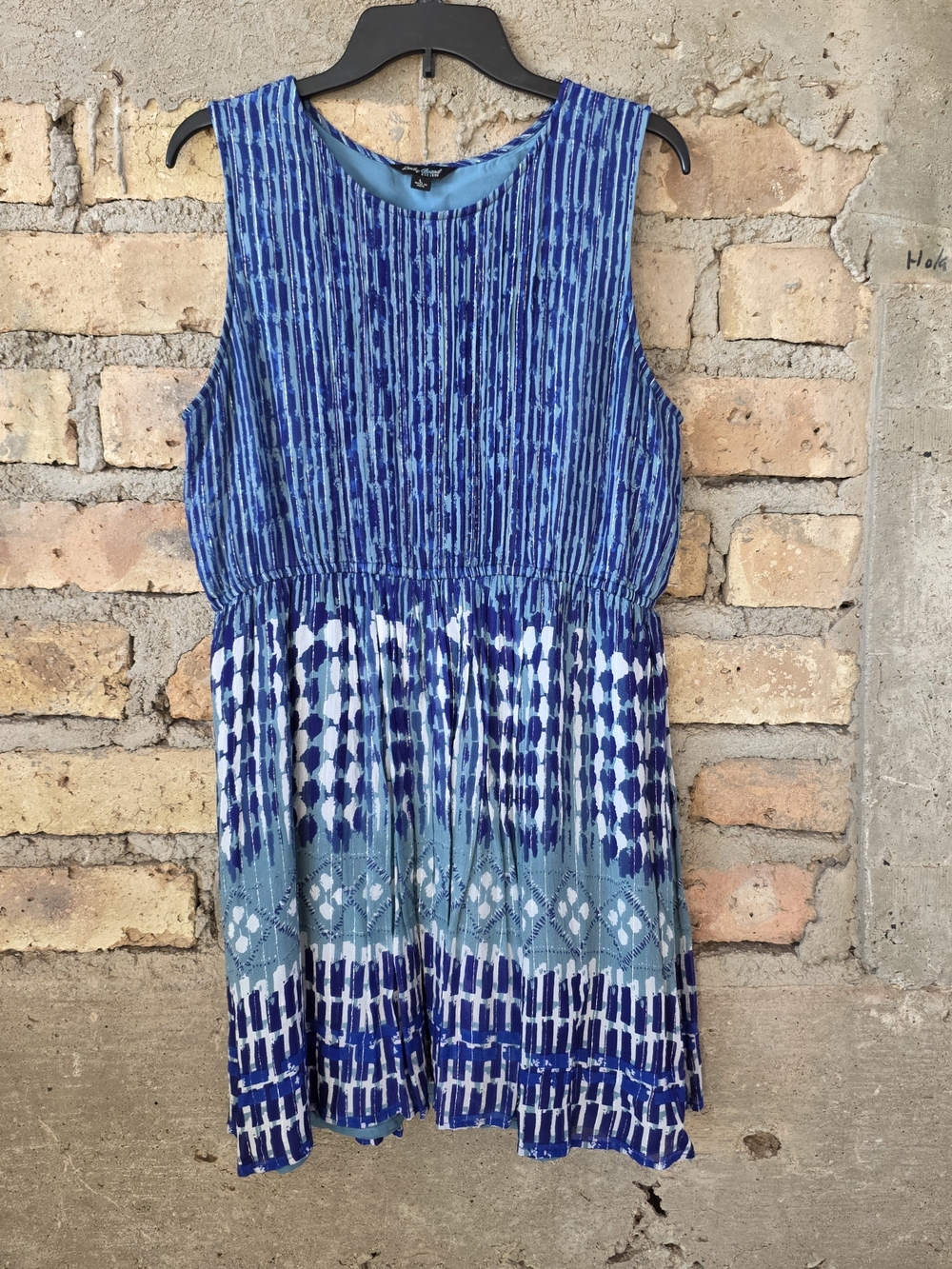 Lucky Brand Blue Pleated Lurex Metallic Boho Mini Dress Size Large